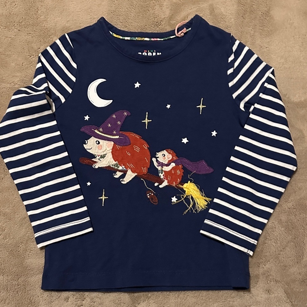 Mini Boden Navy Long NWOT Sleeve with Witch Hedgehog Design